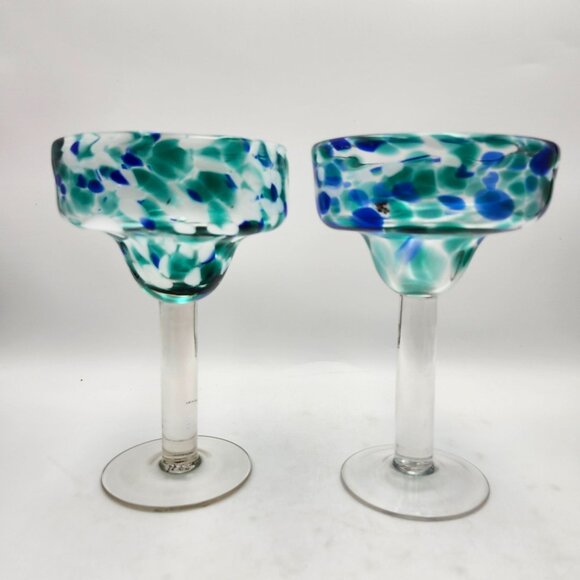 Mexican Margarita Glasses Confetti Blue Green Swirl Handcrafted Set Of 2 - Picture 2 of 6